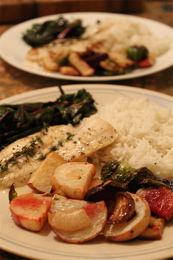 Butter & Thyme Baked Tilapia,  Roasted Turnips and Beetroots, and Wilted Beet Greens with Basmati Rice